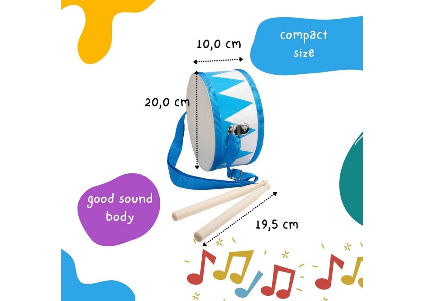 GICO Kinder Trommel Blau/Weiß Holz 20 cm mit Sticks & Gurt - Bild 4