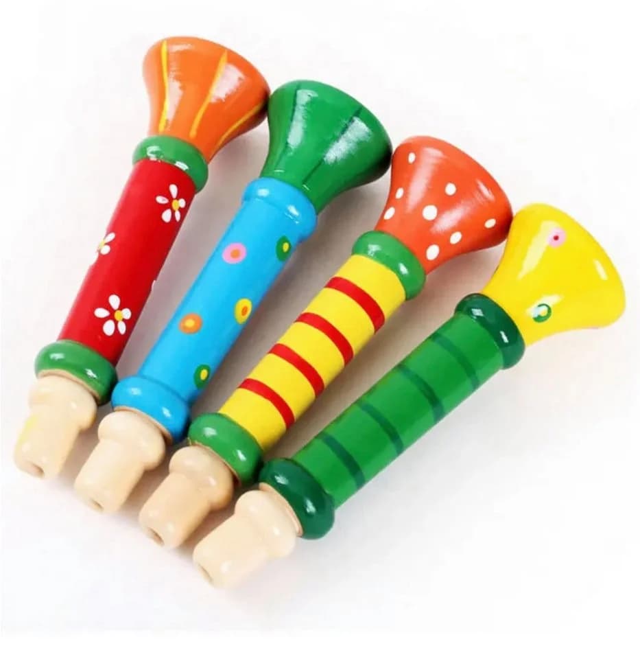 GICO 4er-Set Trompetenpfeifen Holz Bunt