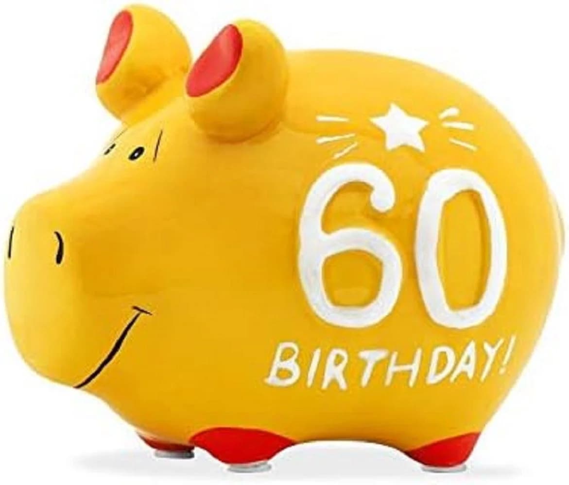 Wurm Spardose Sparschwein "60 Birthday!" Keramik Gelb/Rot/Weiß