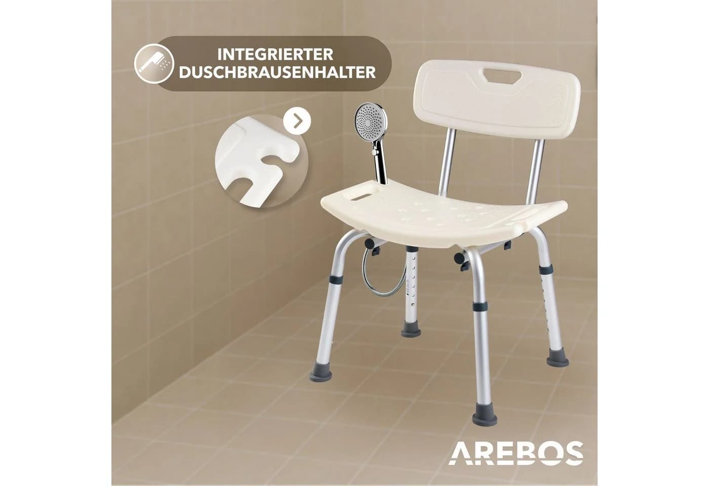 Arebos Duschstuhl mit Rückenlehne und Brausenhalterung Weiß - Bild 4