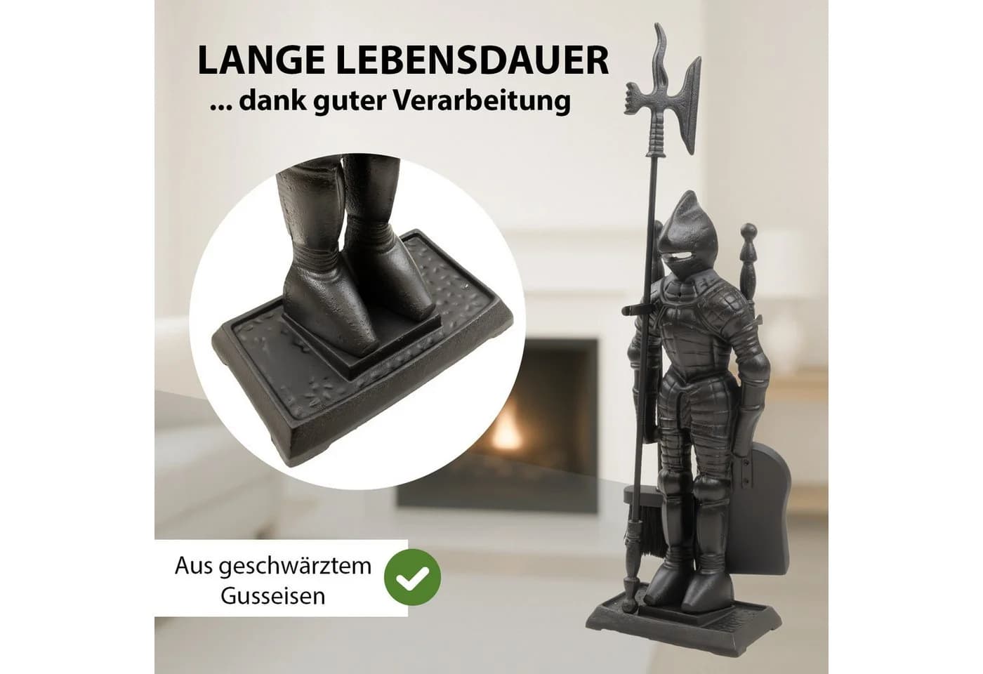 TRUTZHOLM Kamingarnitur Ritter 4-teilig Schaufel, Besen, Schürhaken, Hellebarde - Bild 3