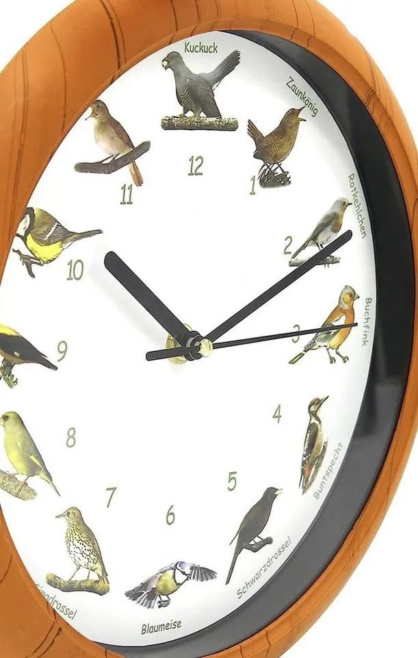 JOKA Wanduhr Vogelstimmen Holzdekor Nachtautomatik