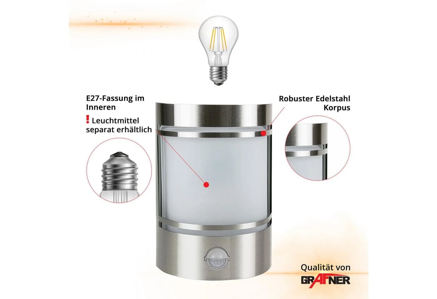 Grafner Außen-Wandleuchte Silber Edelstahl Bewegungsmelder - Bild 5