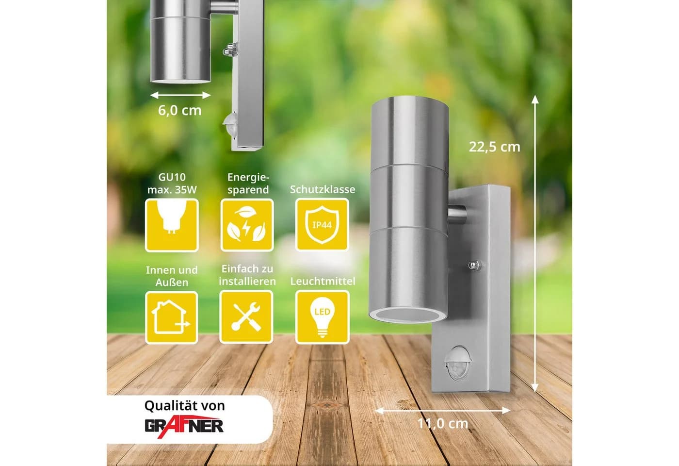 Grafner Außen-Wandleuchte Edelstahl mit Bewegungsmelder IP44 - Bild 3