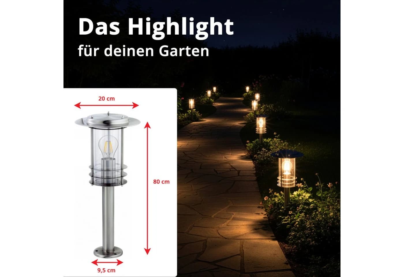 Grafner Edelstahl Gartenleuchte 80cm Wegleuchte Silber IP44 - Bild 5