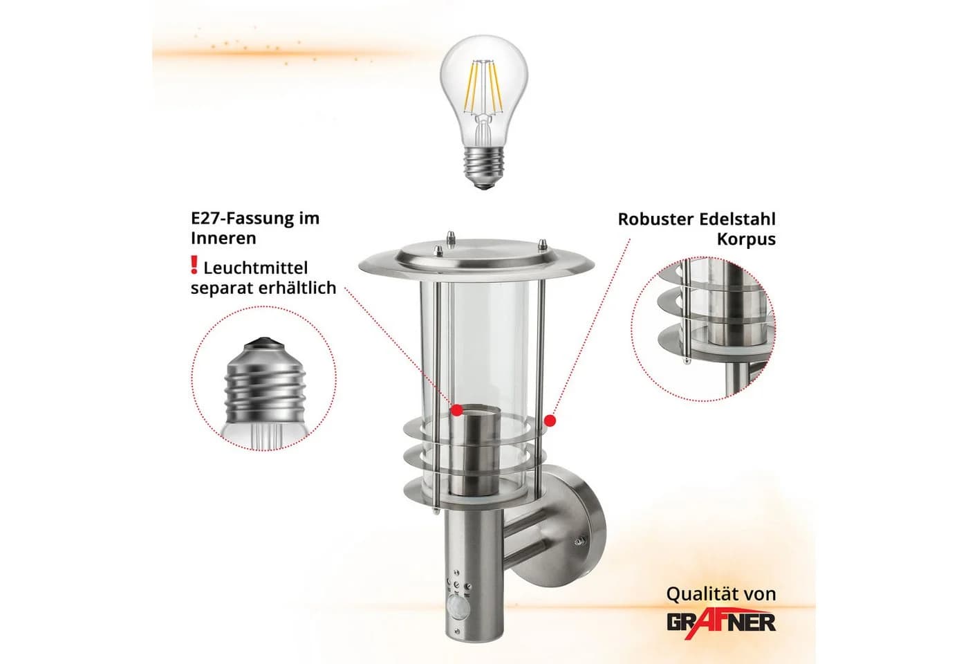 Grafner Außen-Wandleuchte Edelstahl mit Bewegungsmelder IP44 - Bild 5
