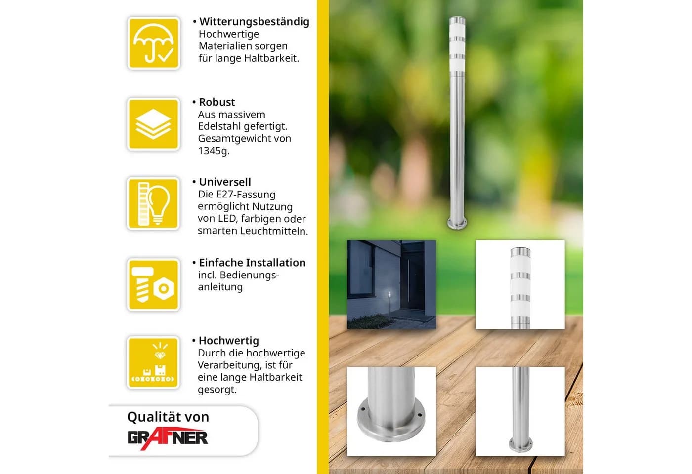 Grafner Edelstahl Wegleuchte WL10200 Gartenlampe 110 cm Silber