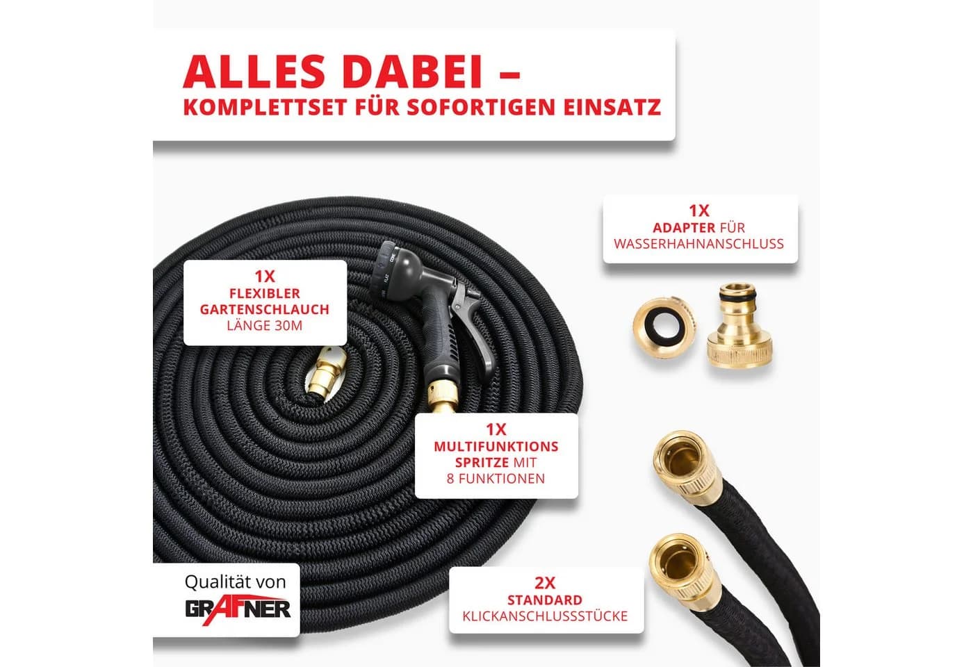 Grafner Premium dehnbarer Gartenschlauch mit Multifunktionsbrause