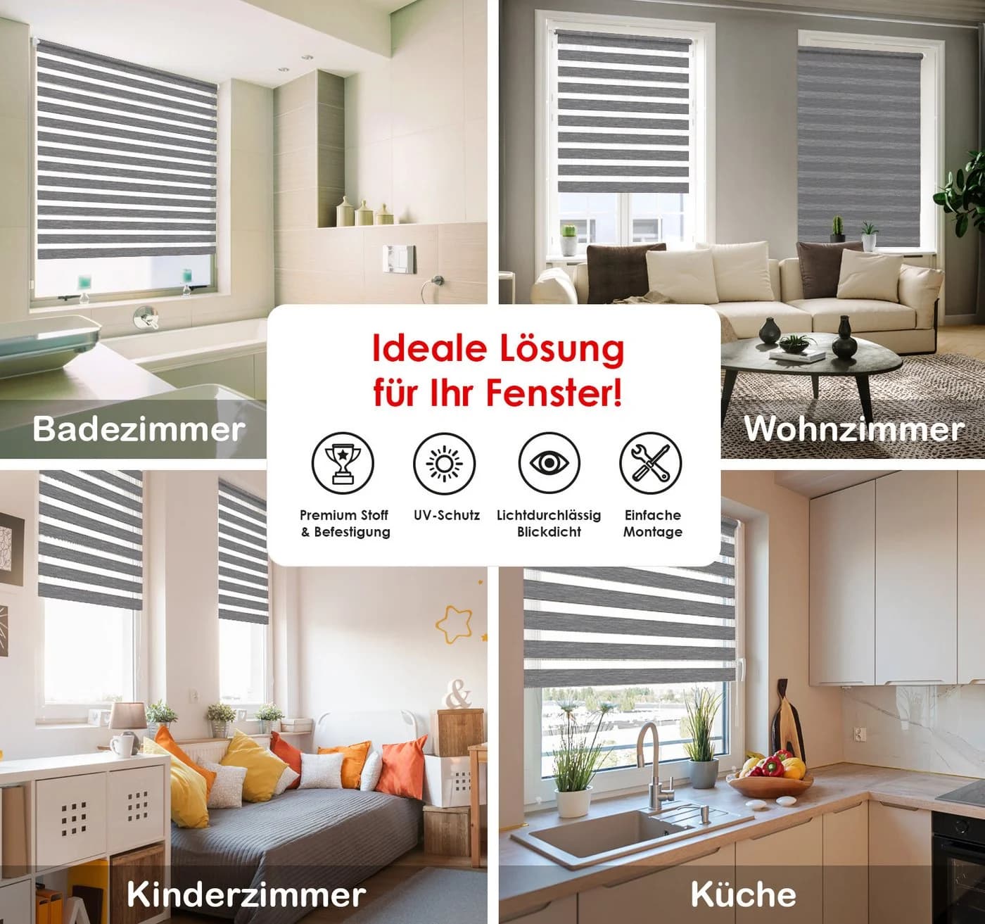 DomDeco Doppelrollo Klemmfix Grau ohne Bohren Kettenzug