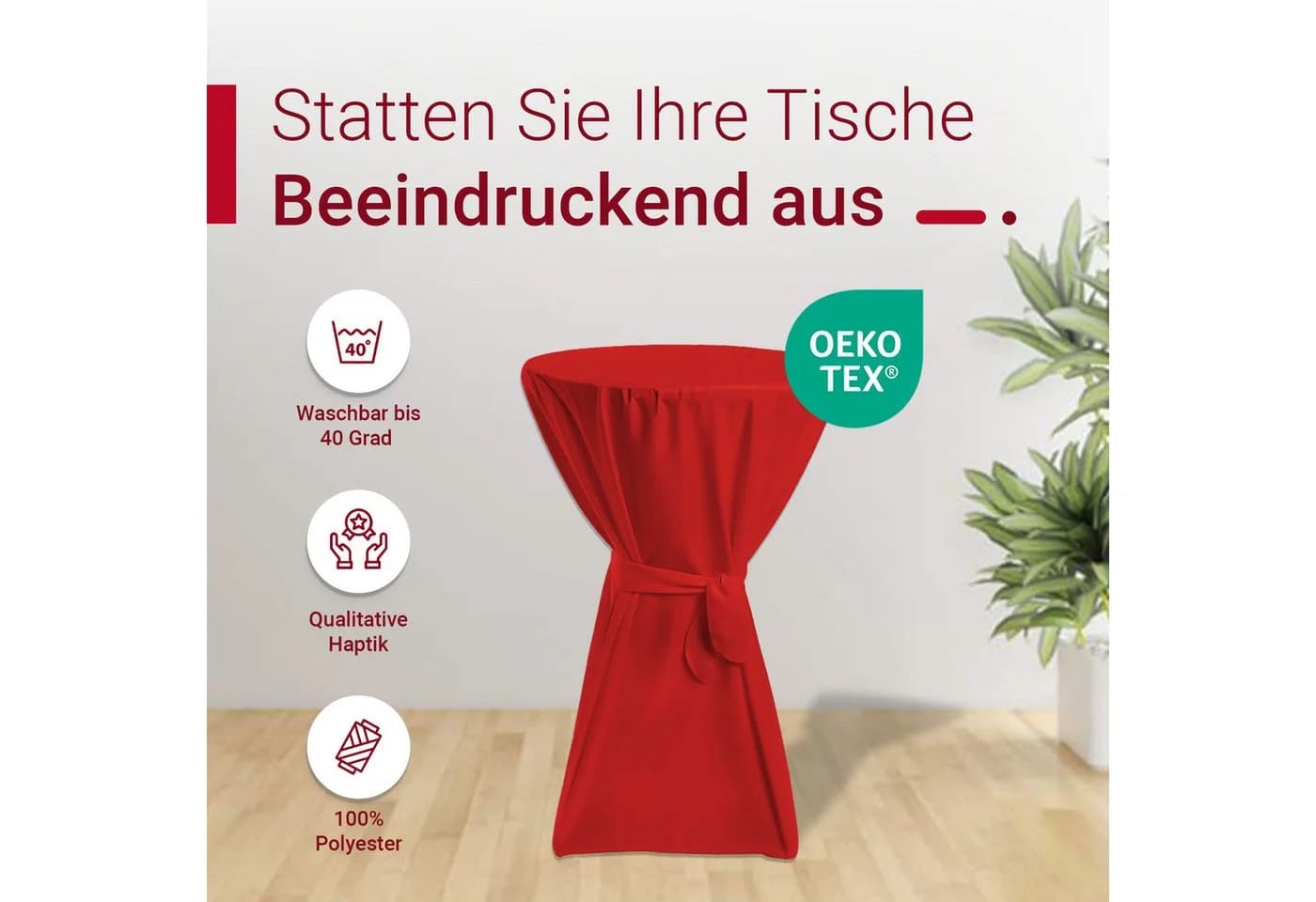TexDeko Stehtischhusse Premium Rot Polyester mit Schleifenband - Bild 4