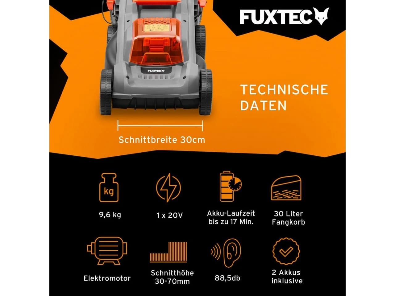 FUXTEC Akkurasenmäher 20V 30cm Schnittbreite 30L Fangkorb