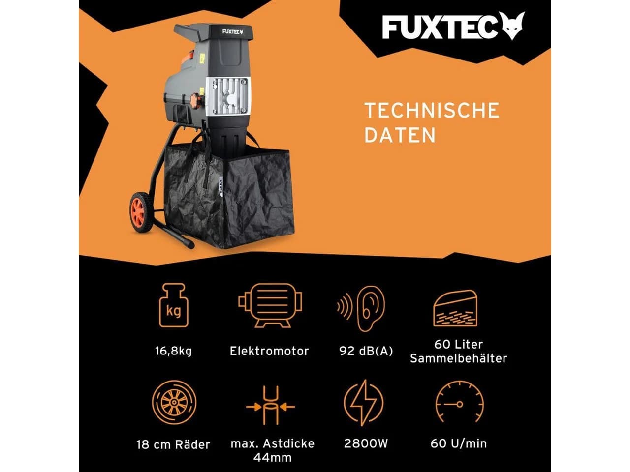FUXTEC Gartenhäcksler FX-EGH2800T 44 cm max. Astdurchmesser 2800W Walzenschneidsystem 60L Fangbox