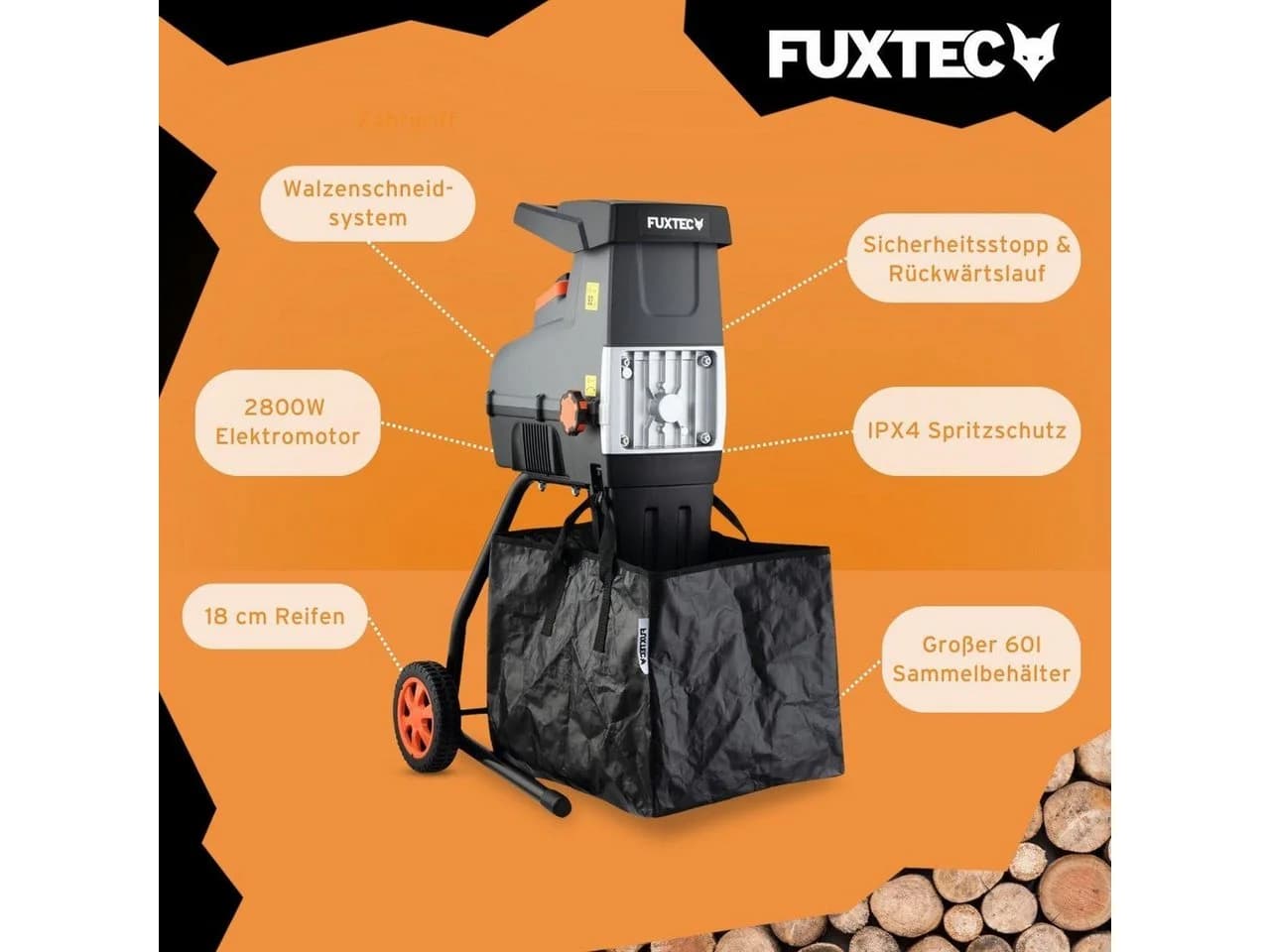 FUXTEC Gartenhäcksler FX-EGH2800T 44 cm max. Astdurchmesser 2800W Walzenschneidsystem 60L Fangbox - Bild 5