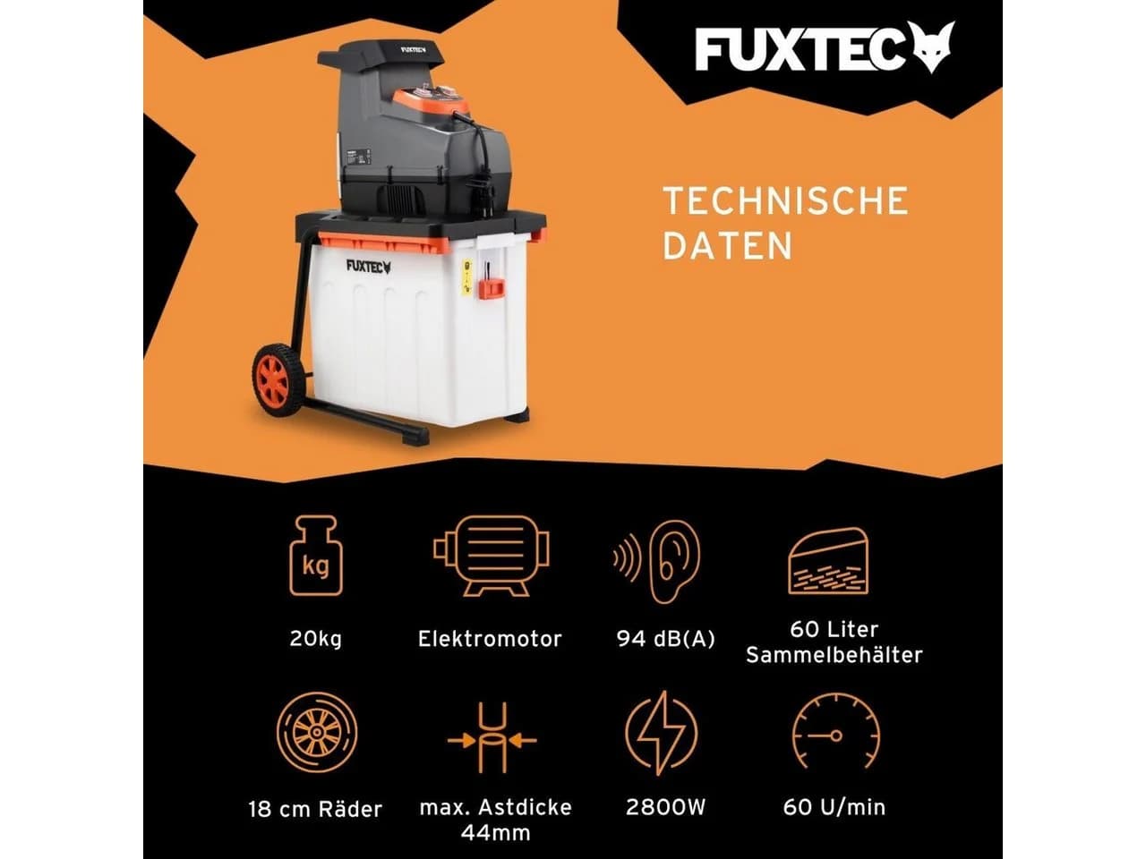 FUXTEC Gartenhäcksler FX-EGH2800B 44 cm max. Astdurchmesser 2800W Walzenschneidsystem 60L Fangbox