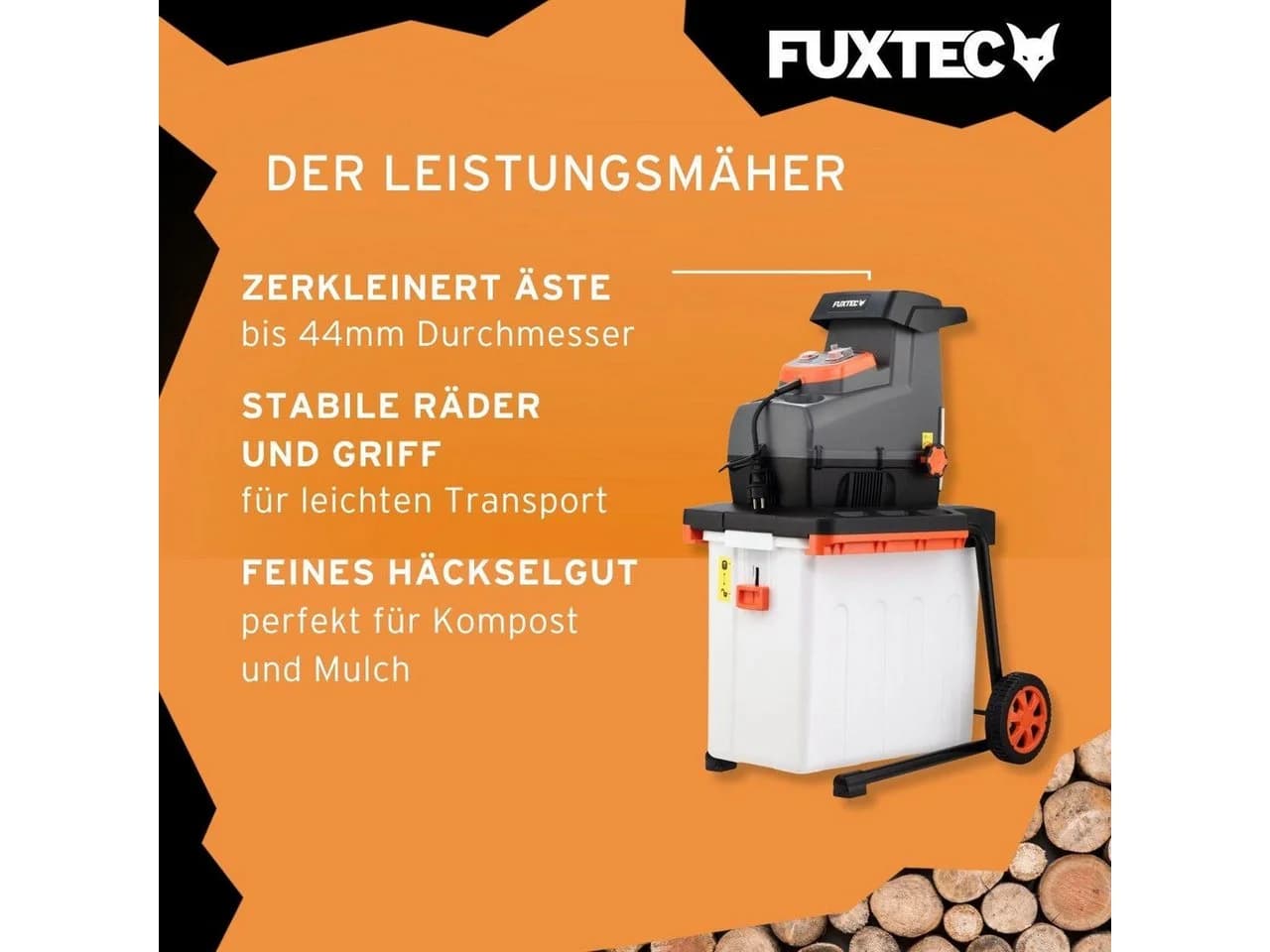 FUXTEC Gartenhäcksler FX-EGH2800B 44 cm max. Astdurchmesser 2800W Walzenschneidsystem 60L Fangbox - Bild 4