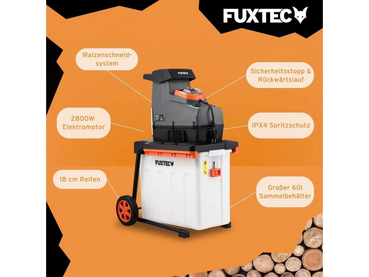 FUXTEC Gartenhäcksler FX-EGH2800B 44 cm max. Astdurchmesser 2800W Walzenschneidsystem 60L Fangbox - Bild 5
