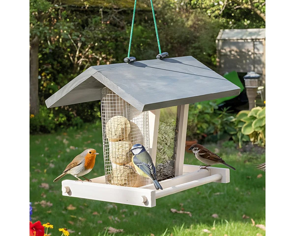 Zooprinz Vogelhaus Bird Kitchen mit Sitzstangen, Schutzdach, Seil für Wildvögel, Plexiglasscheiben, wetterfestes Vollholz - Bild 2
