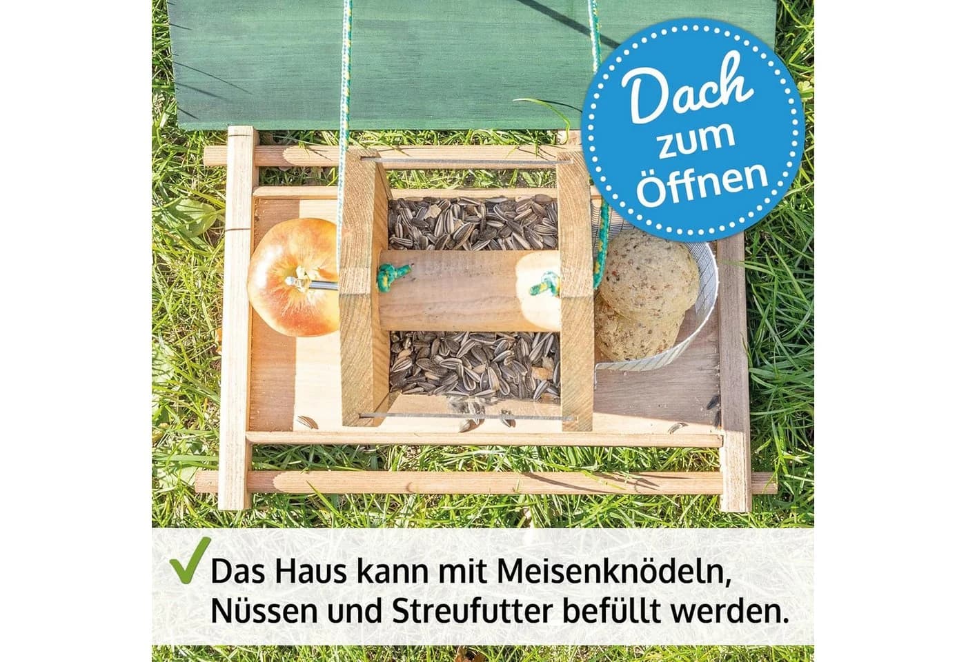 Zooprinz Vogelhaus Bird Kitchen mit Sitzstangen, Schutzdach, Seil für Wildvögel, Plexiglasscheiben, wetterfestes Vollholz