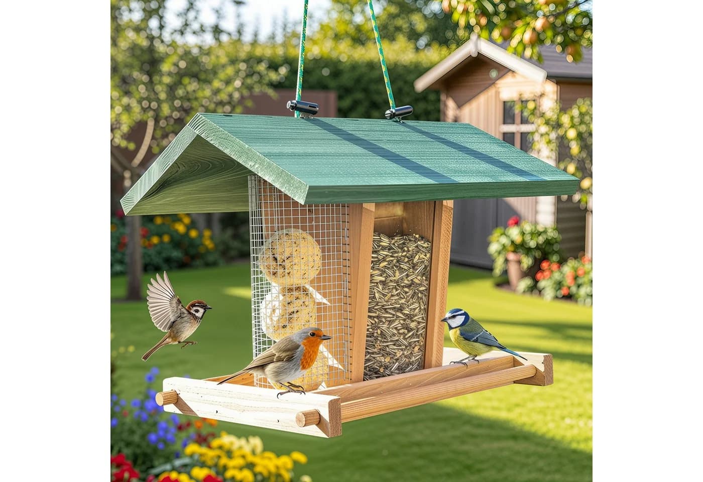 Zooprinz Vogelhaus Bird Kitchen mit Sitzstangen, Schutzdach, Seil für Wildvögel, Plexiglasscheiben, wetterfestes Vollholz - Bild 2