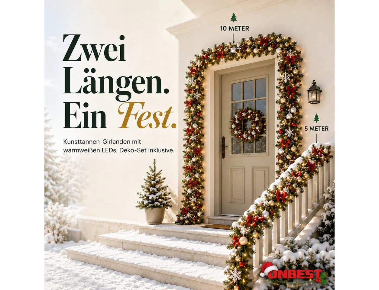 ONBEST Weihnachtsgirlande mit 200 LEDs, Eiskristallen & Schleifen