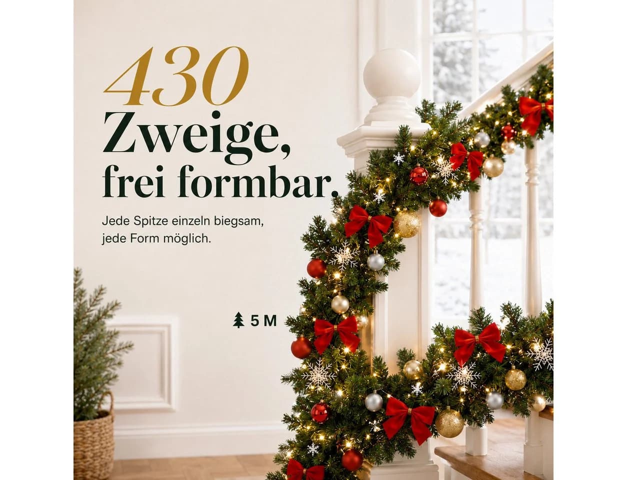 ONBEST Weihnachtsgirlande mit 200 LEDs, Eiskristallen & Schleifen - Bild 5