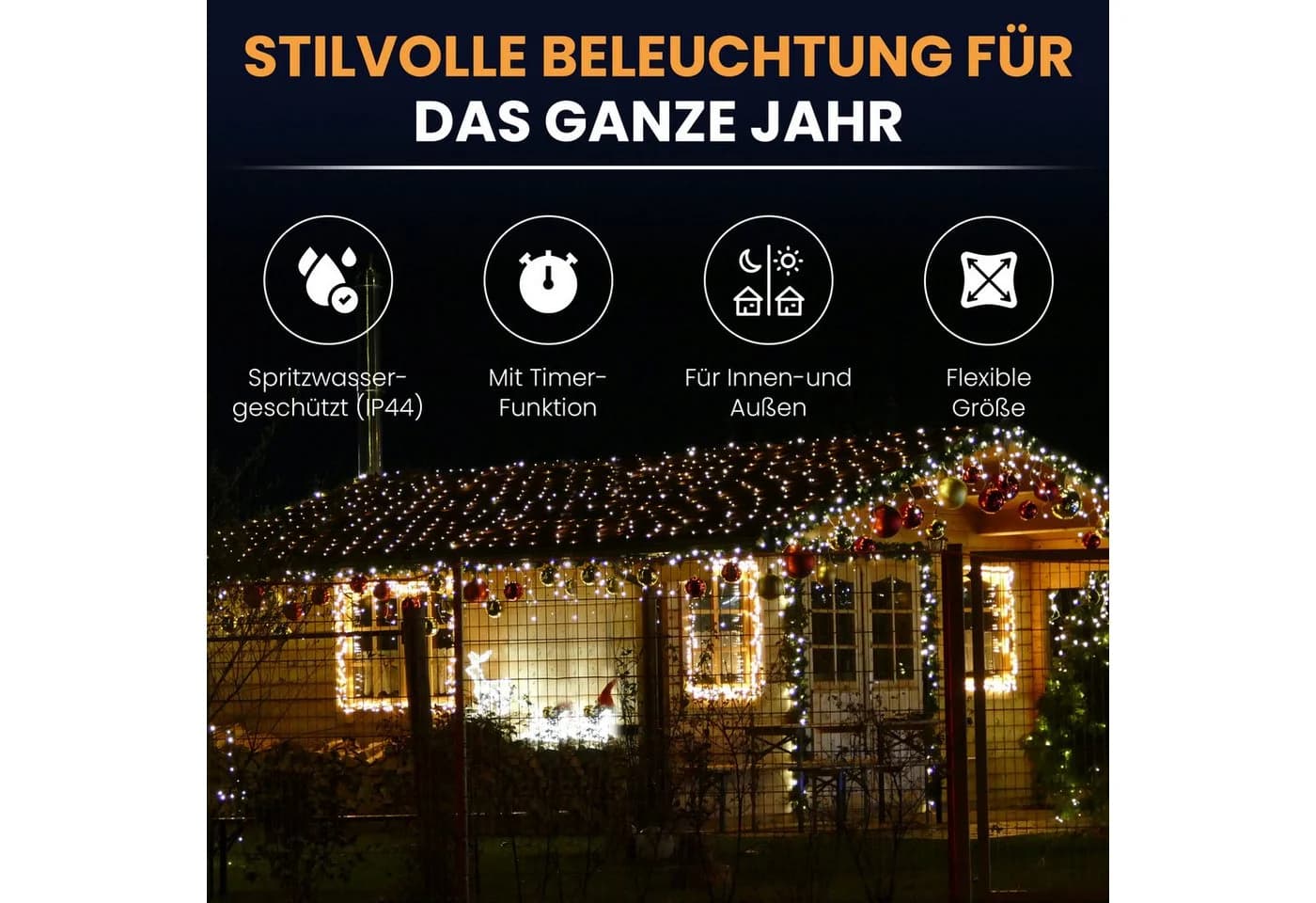 Gartenpirat LED-Lichternetz mit Kabel Weiß IP44 Timer