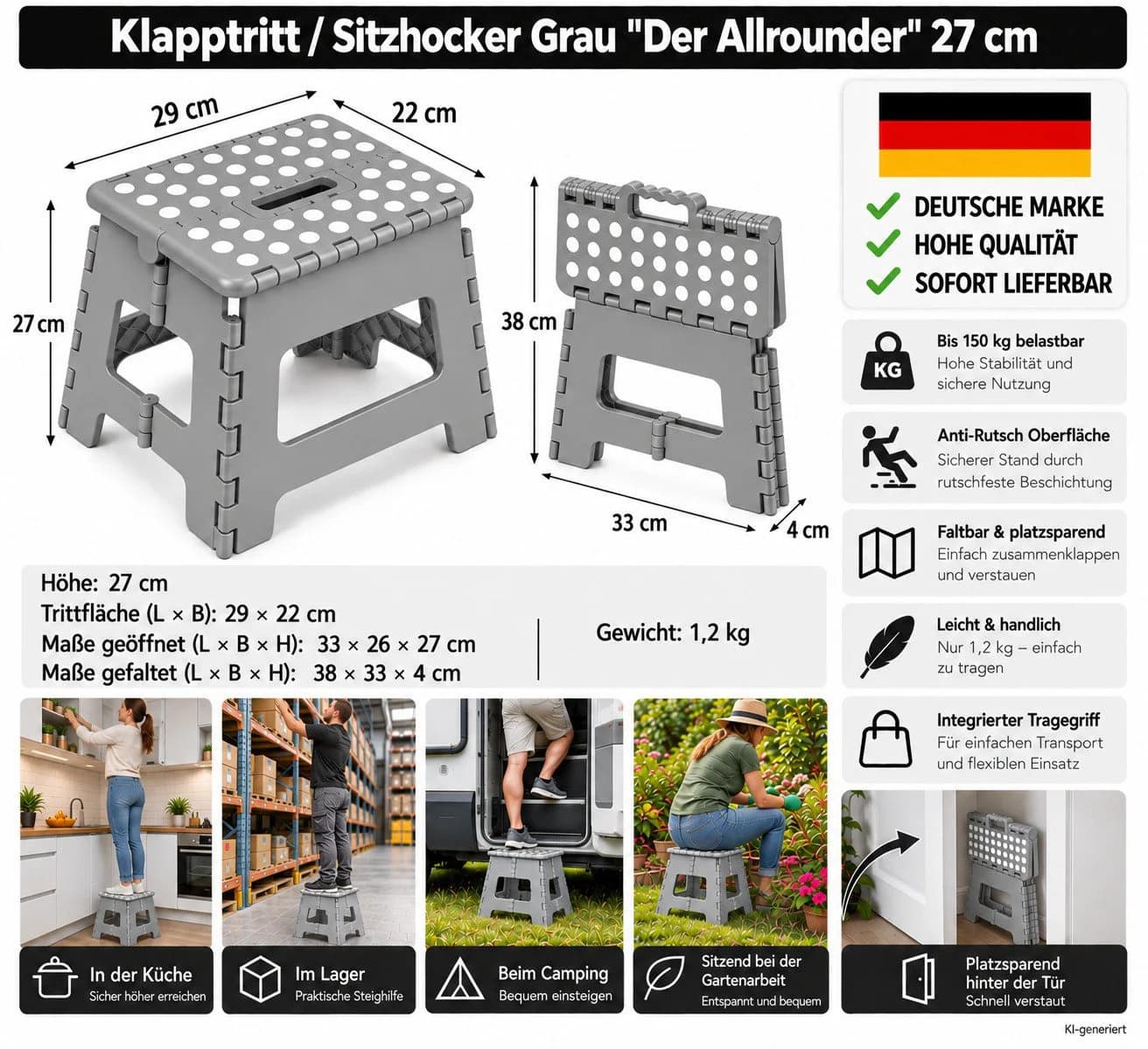 HH-Haushalt Klapptritt 27 cm Grau Faltbar bis 150 kg