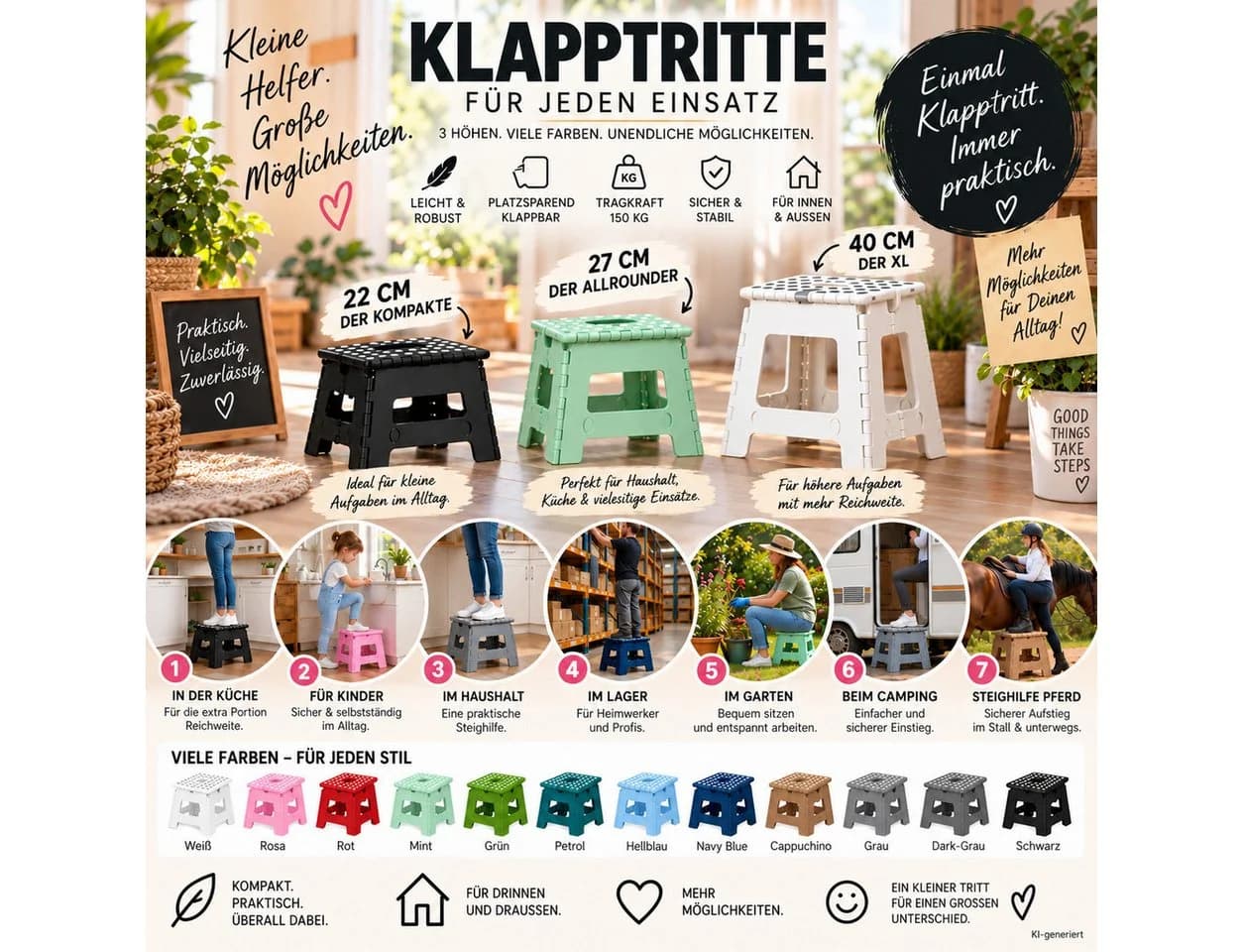 HH-Haushalt Klapptritt 27 cm Grau Faltbar bis 150 kg - Bild 5