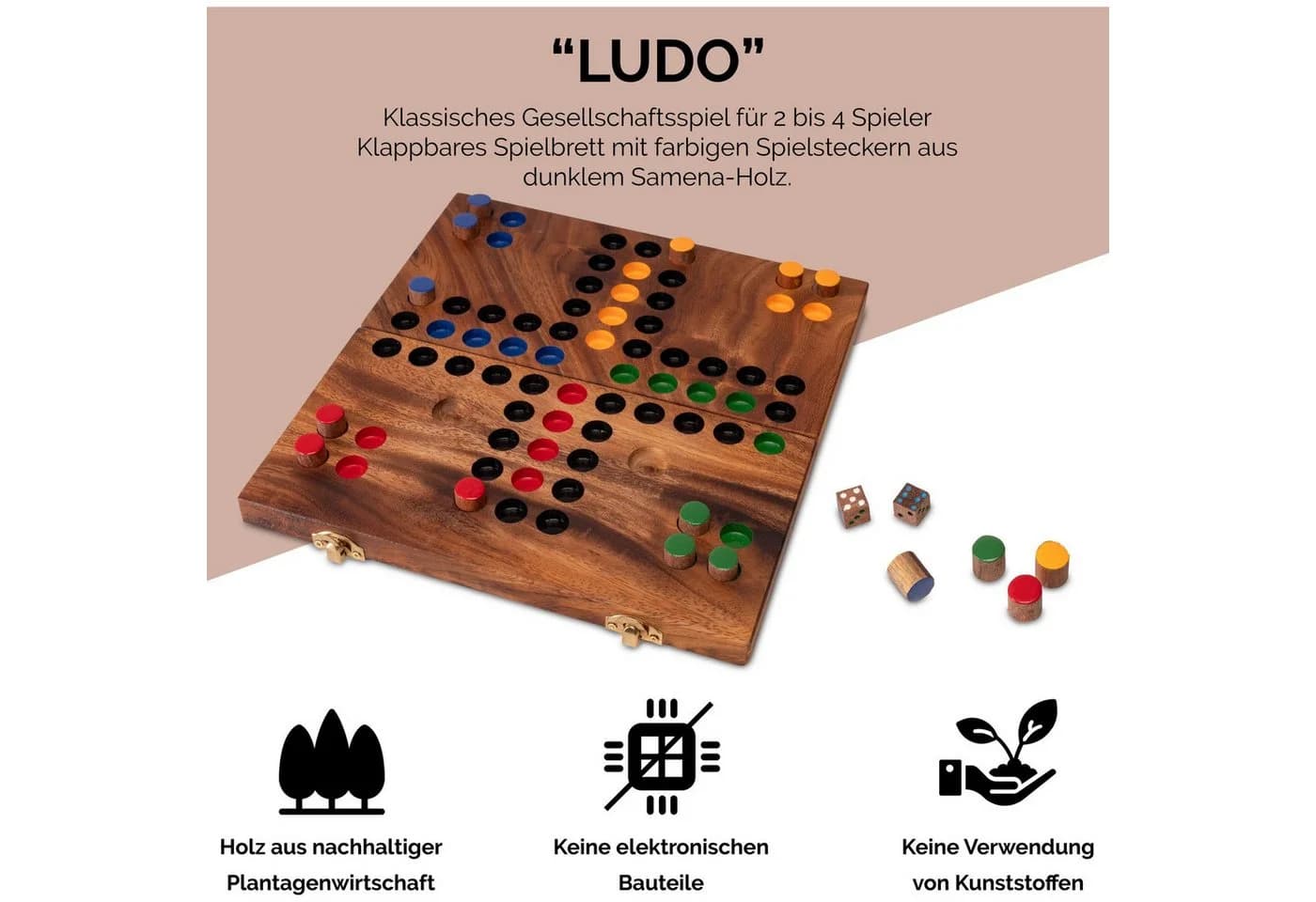 LOGOPLAY Ludo Brettspiel Klappbar mit Metallverschluss aus Holz - Bild 3