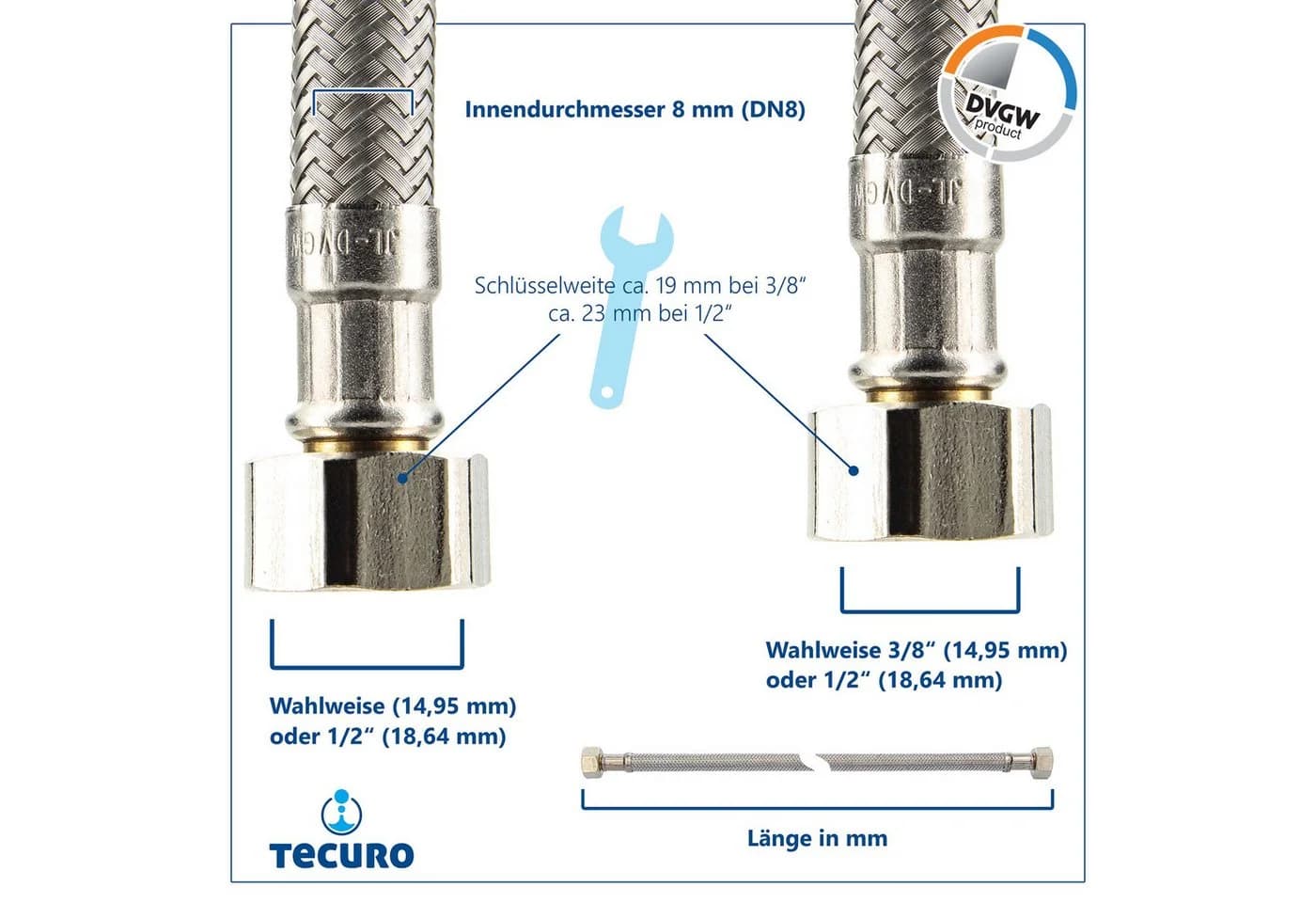 tecuro Flexschlauch DN 8 Edelstahl Messing 2000mm Sanitär - Bild 5