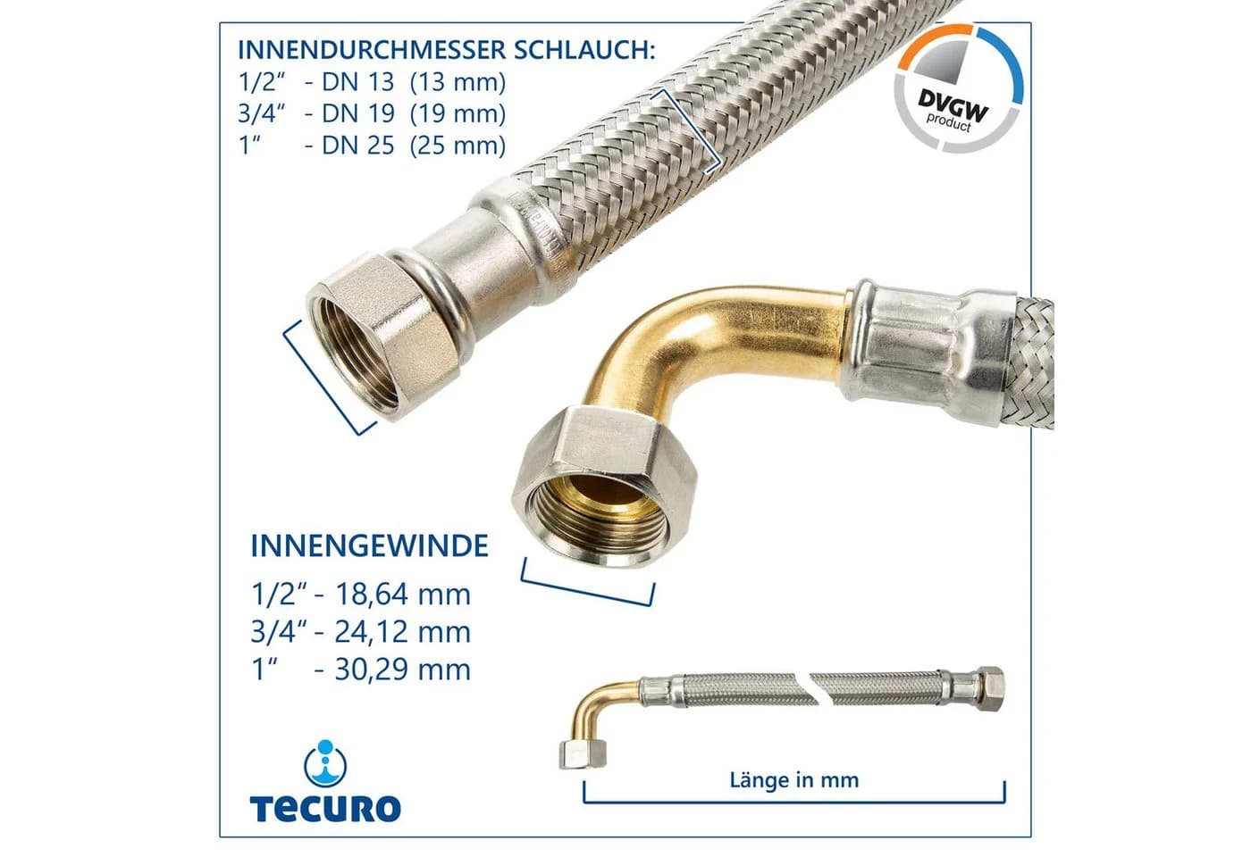 tecuro Flexschlauch 90° Bogen 1/2 Zoll IG x IG 500mm Sanitär & Heizung - Bild 3