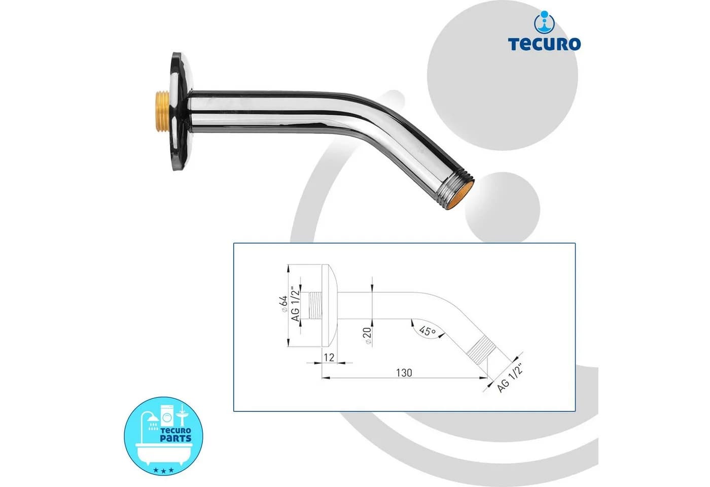 tecuro Universal 45° Brausearm Messing Chrom 150 mm - Bild 3