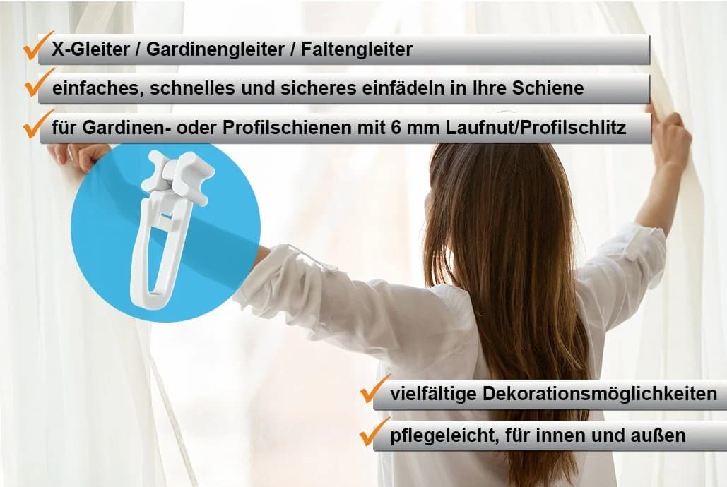 dekohaken24.de Gardinengleiter X-Gleiter Weiß 200er Set mit Faltenlegehaken - Bild 3