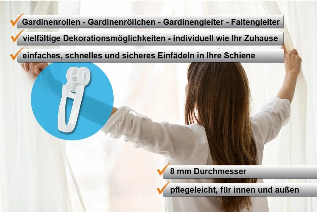 dekondo Gardinenröllchen 8mm - 100er Set mit Faltenlegehaken - Bild 3
