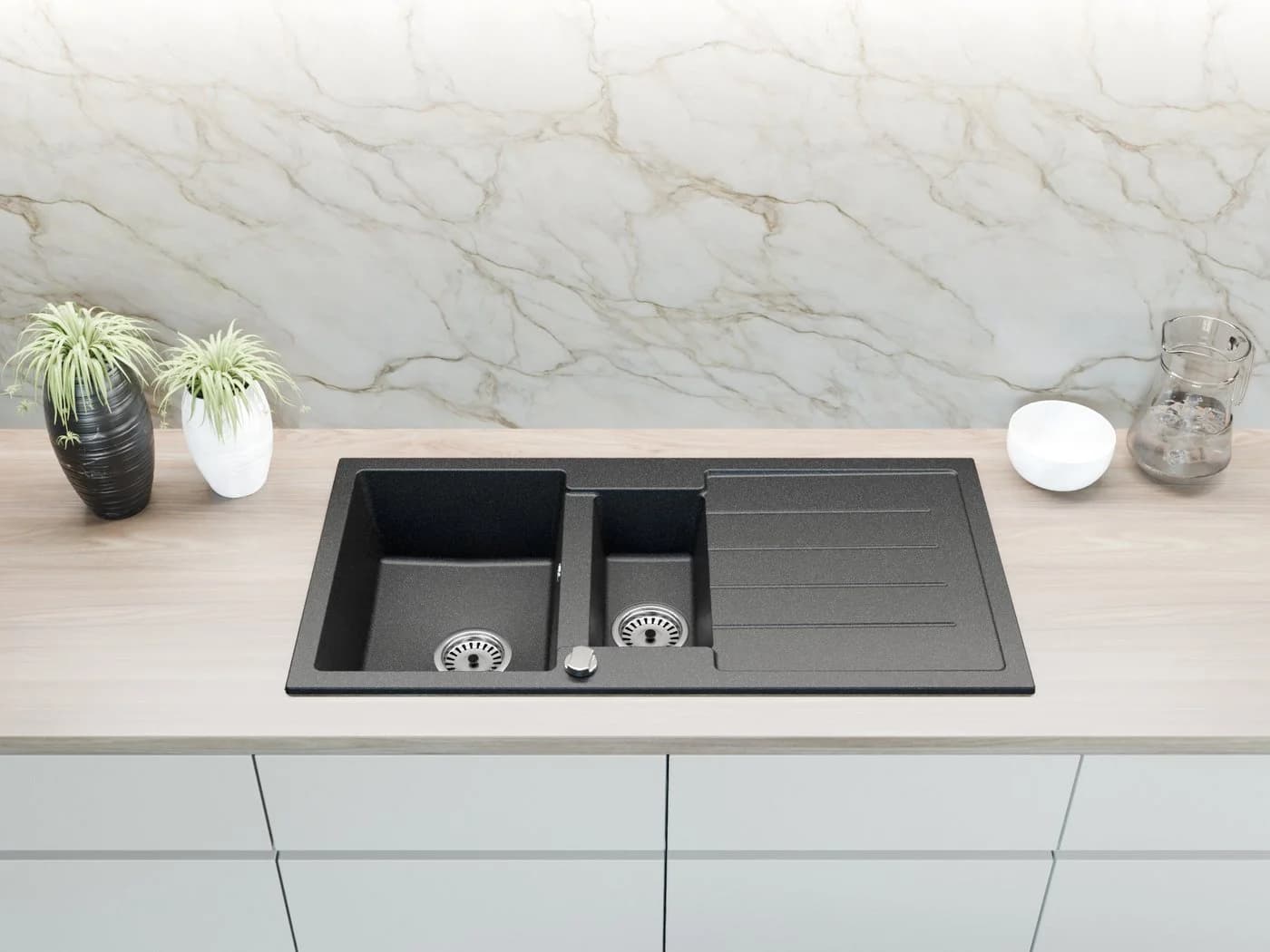 Faizee Möbel Granitspüle Einbauspüle 100x50 cm Schwarz 1,5 Becken