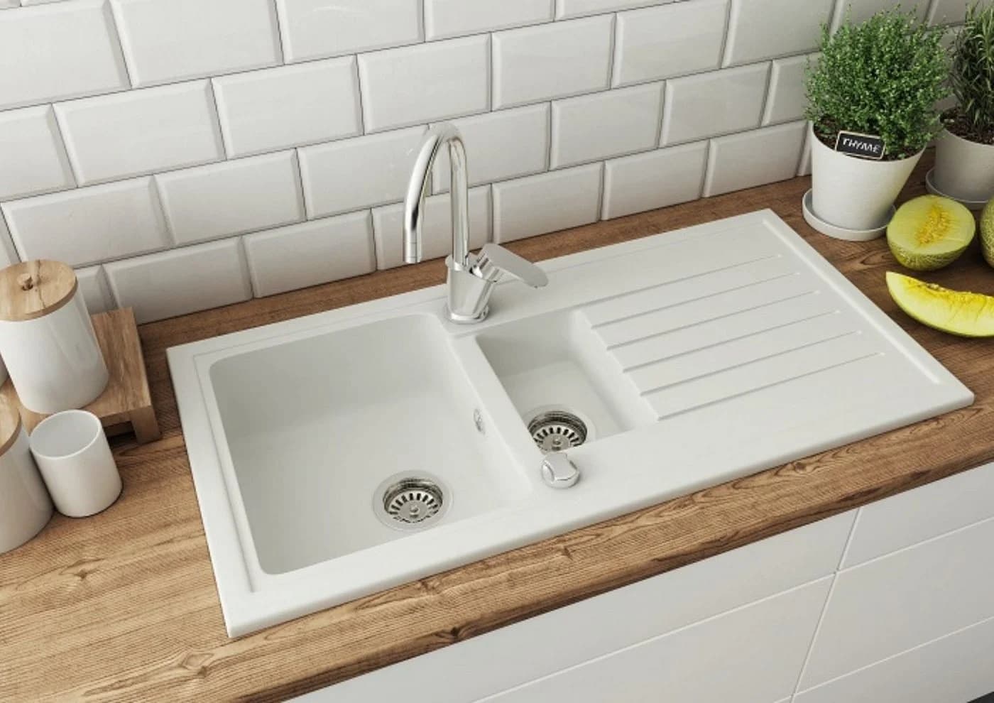Faizee Möbel Granitspüle 2 Becken Weiß Modern