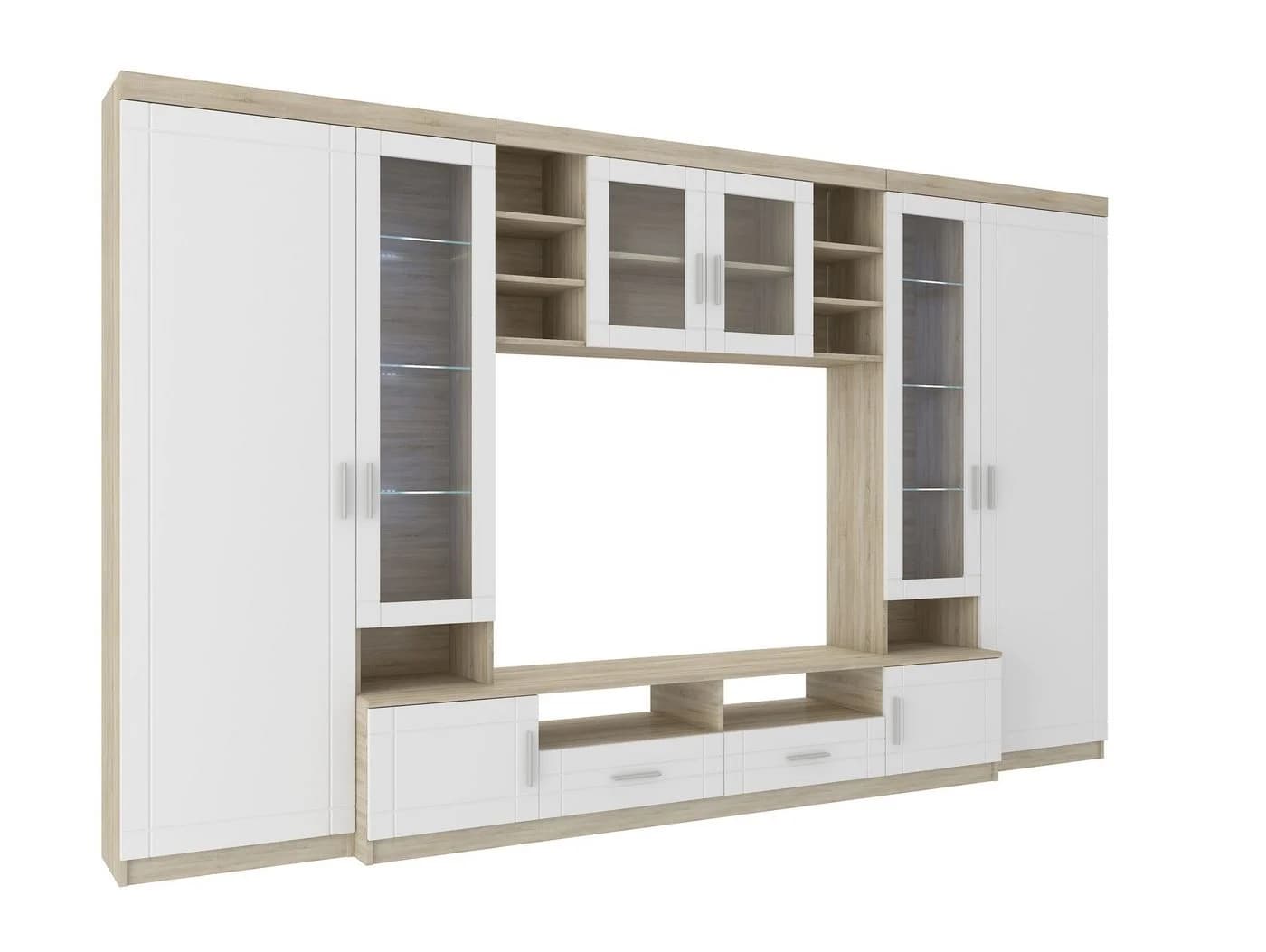 Küchen-Preisbombe Wohnwand Paris 4-tlg. Weiss + Eiche MDF