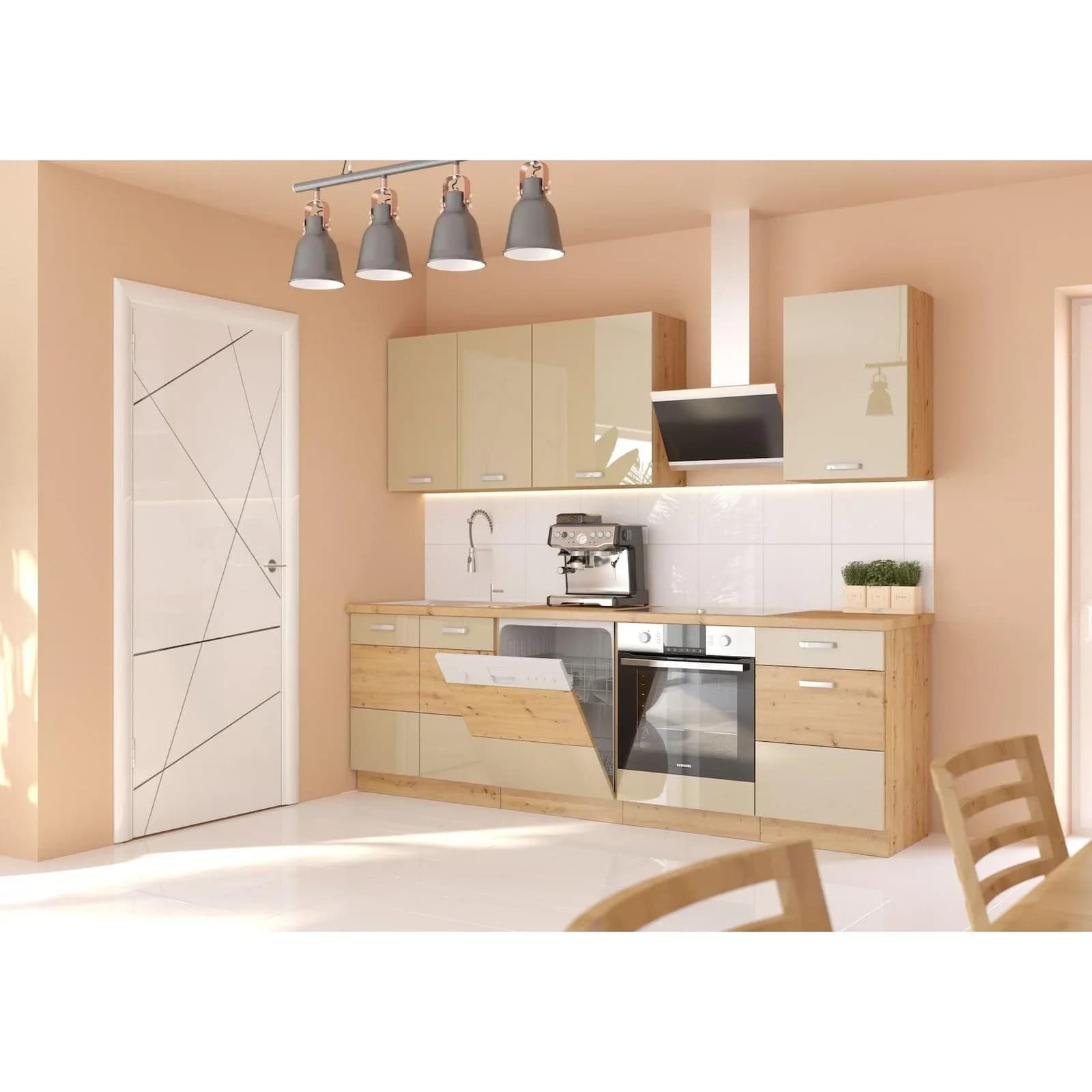 Küche Artisan Cappuccino 250 cm Hochglanz Einbauküche
