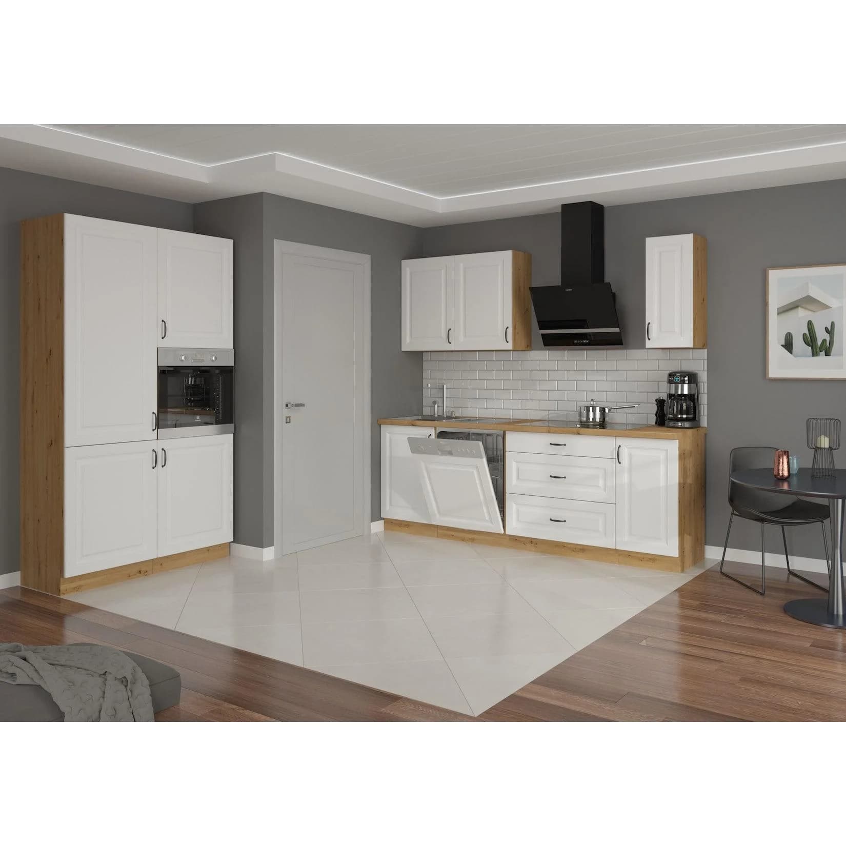 Küche Stilo Weiß + Eiche Artisan 230 + 120 Küchenzeile Einbauküche