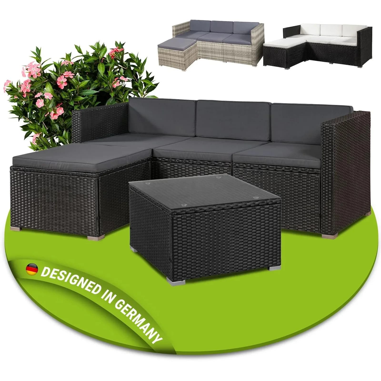 Juskys Gartenlounge-Set Punta Cana M Schwarz Grau Polyrattan