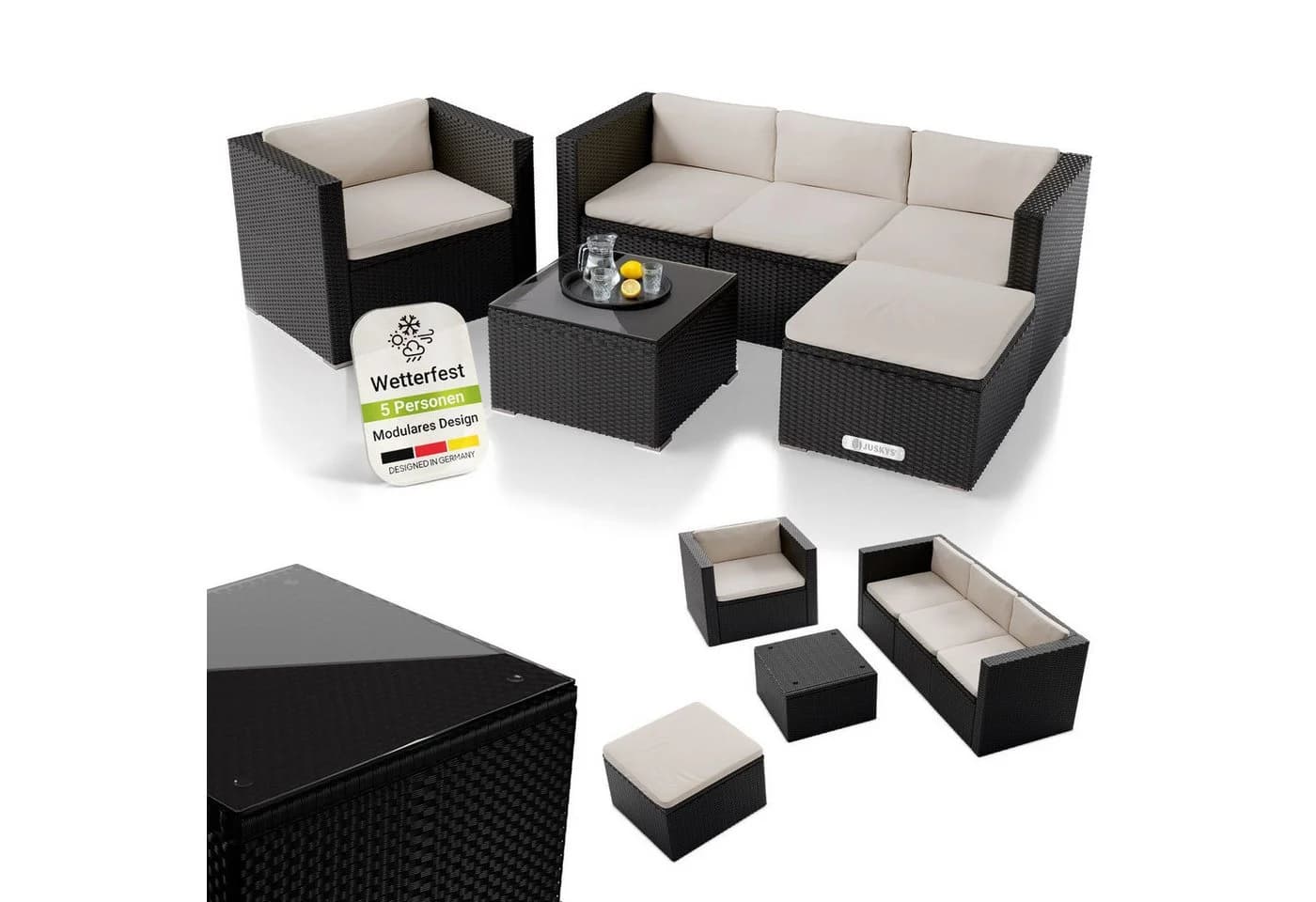 Juskys Gartenlounge-Set Punta Cana Schwarz Beige Polyrattan - Bild 2