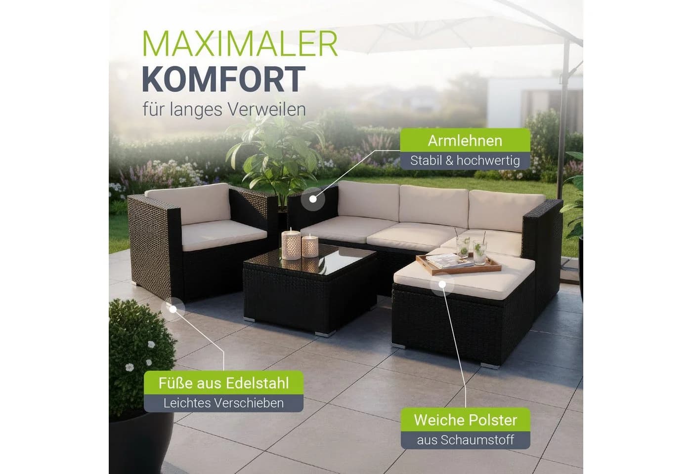 Juskys Gartenlounge-Set Punta Cana Schwarz Beige Polyrattan - Bild 5