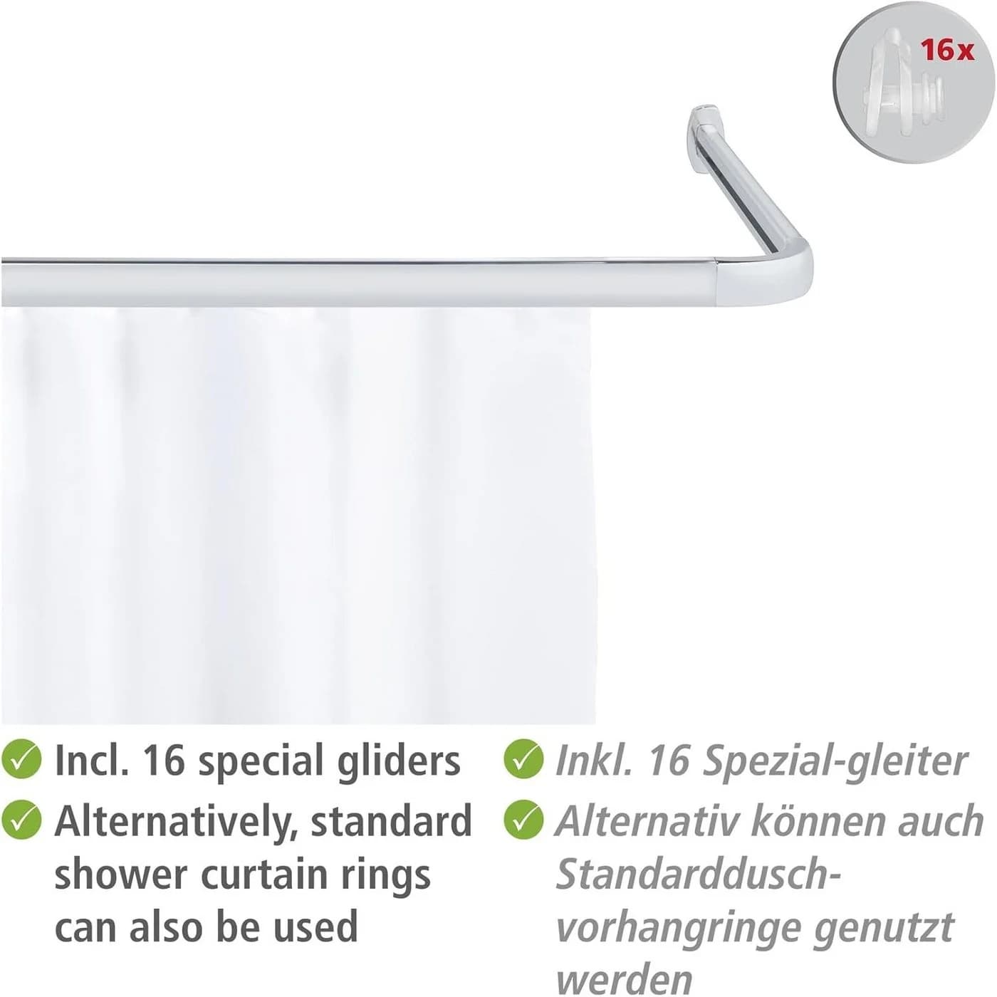 LikeKa Duschvorhangstange U-Form Silber mit Vorhang & Gleitern - Bild 2