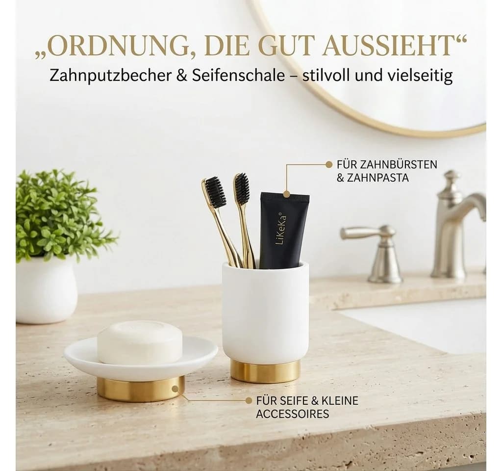 LikeKa Badaccessoire-Set 3-teilig Weiß/Gold Polyresin & Edelstahl