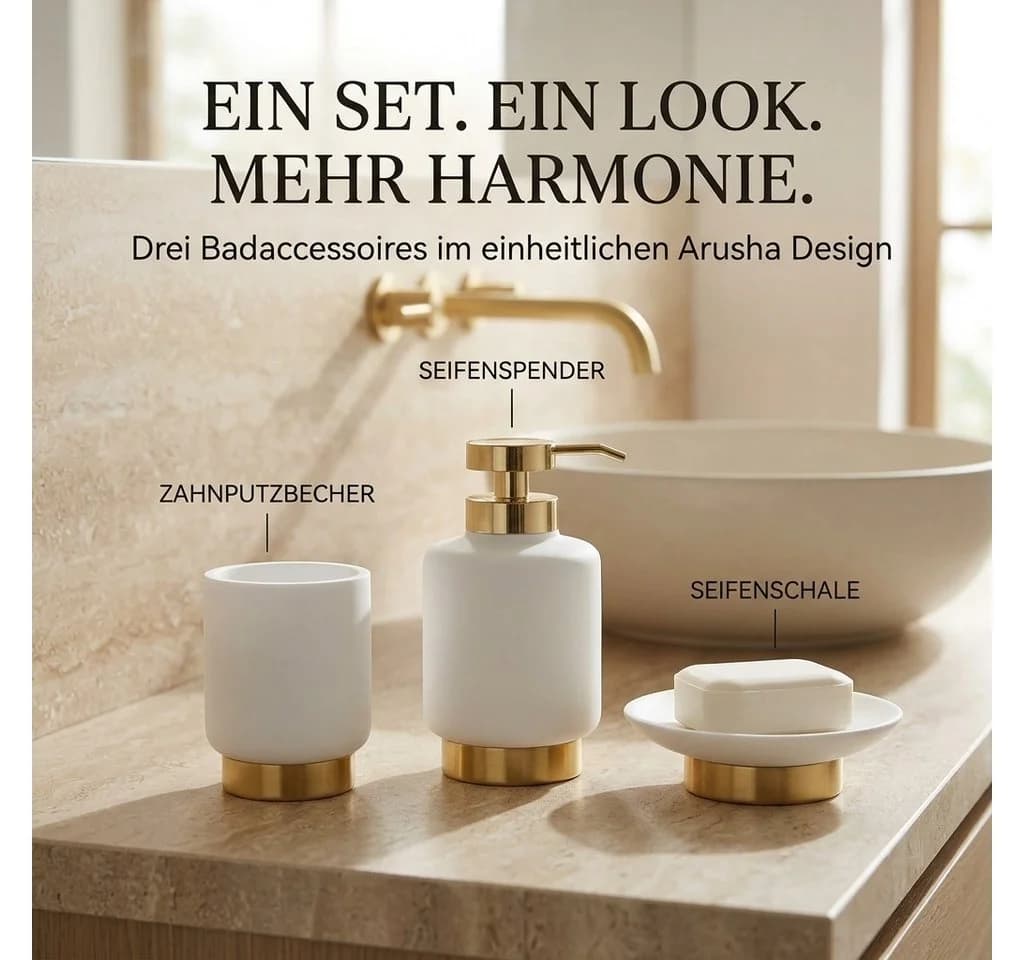LikeKa Badaccessoire-Set 3-teilig Weiß/Gold Polyresin & Edelstahl - Bild 2