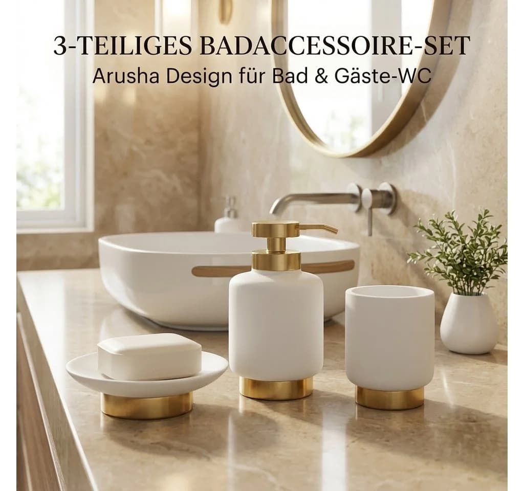 LikeKa Badaccessoire-Set 3-teilig Weiß/Gold Polyresin & Edelstahl - Bild 5