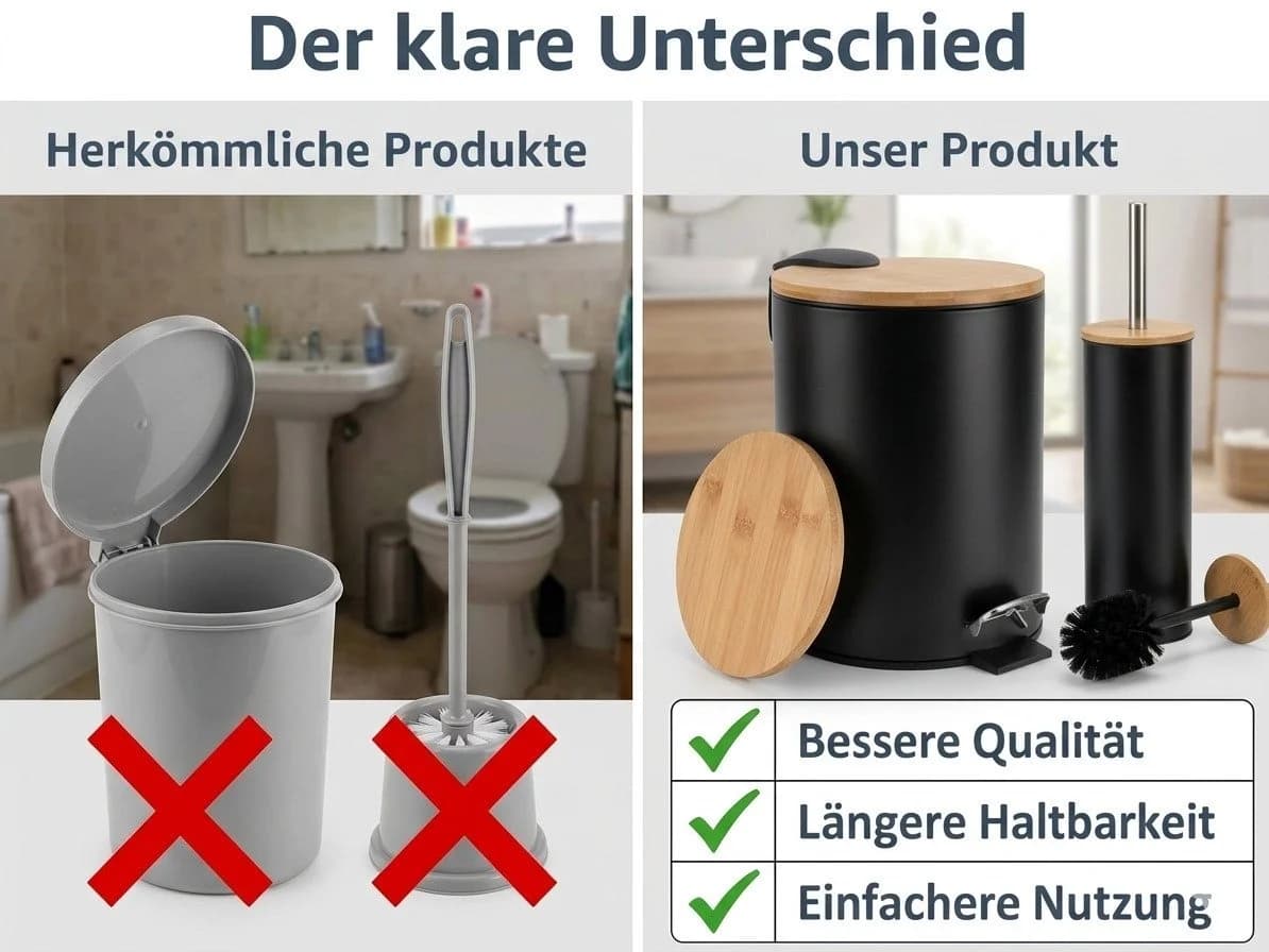 LikeKa Toilettenbürste mit Absenkautomatik und Pedal, Schwarz Metall/Bambus