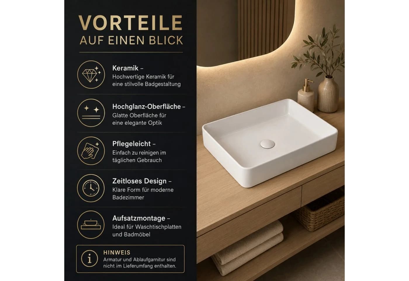 ART OF BAAN Aufsatzwaschbecken Keramik Weiß Rechteckig - Bild 5