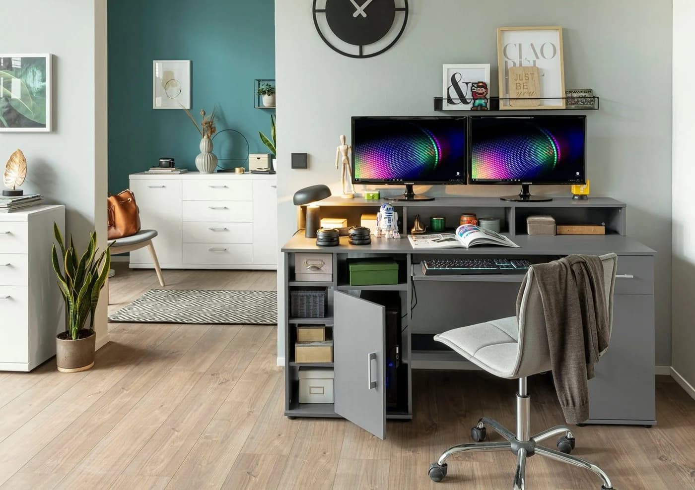 VOGL Schreibtisch Timra mit Monitoraufsatz & Tastaturauszug Grau - Bild 5