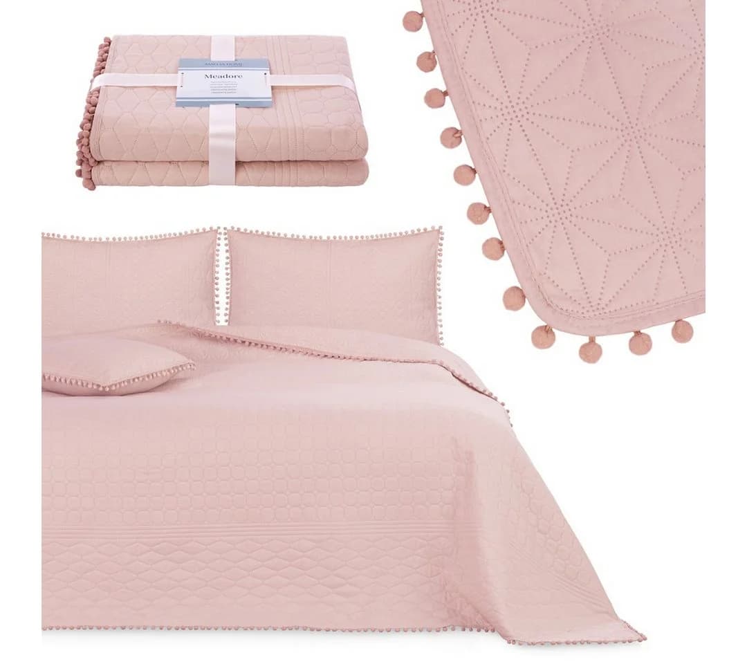 texpot Tagesdecke Rosa mit Pompons und Wendefunktion